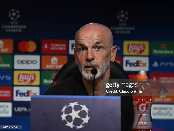 Head coach AC Milan Stefano Pioli speaks with the media during a press conference ahead of their UEFA Champions League semi-final second leg match...