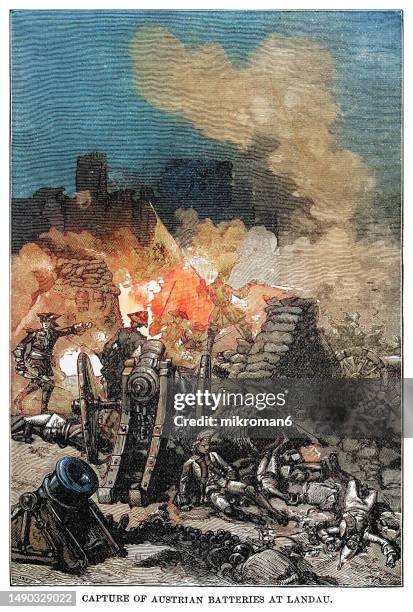 old engraved illustration of the siege of landau (16 june – 12 september 1702) - part of war of the spanish succession - soldier coming home stock pictures, royalty-free photos & images