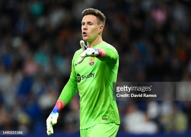 Marc-André ter Stegen of FC Barcelons reacts looks on during the LaLiga Santander match between RCD Espanyol and FC Barcelona at RCDE Stadium on May...