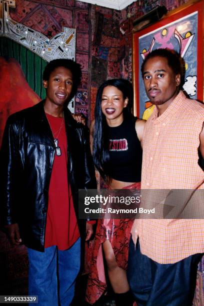 Singers and musicians Raphael Saadiq, Dawn Robinson and Ali Shaheed Muhammad of Lucy Pearl poses for photos backstage after their performance at the...