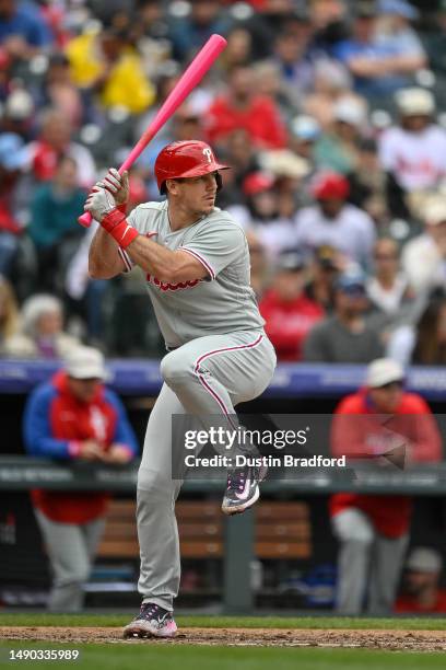 Realmuto of the Philadelphia Phillies bats in the fourth inning of a game against the Colorado Rockies at Coors Field on May 14, 2023 in Denver,...