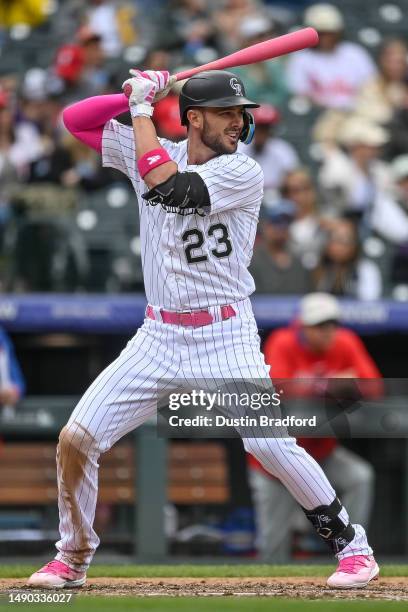 Kris Bryant of the Colorado Rockies bats in the third inning of a game against the Philadelphia Phillies at Coors Field on May 14, 2023 in Denver,...