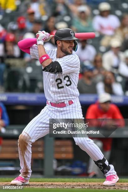 Kris Bryant of the Colorado Rockies bats in the third inning of a game against the Philadelphia Phillies at Coors Field on May 14, 2023 in Denver,...