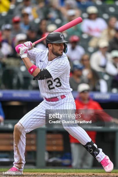 Kris Bryant of the Colorado Rockies bats in the third inning of a game against the Philadelphia Phillies at Coors Field on May 14, 2023 in Denver,...