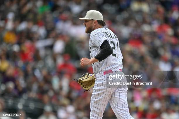 Kyle Freeland of the Colorado Rockies celebrates after pitching a strikeout to end the top half of the sixth inning of a game against the...