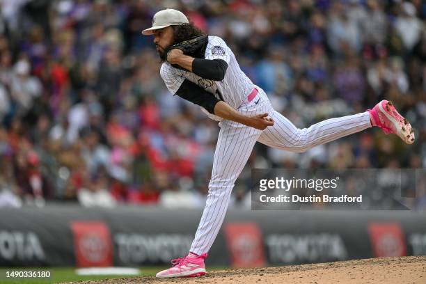 Justin Lawrence of the Colorado Rockies pitches in the ninth inning of a game against the Philadelphia Phillies at Coors Field on May 14, 2023 in...