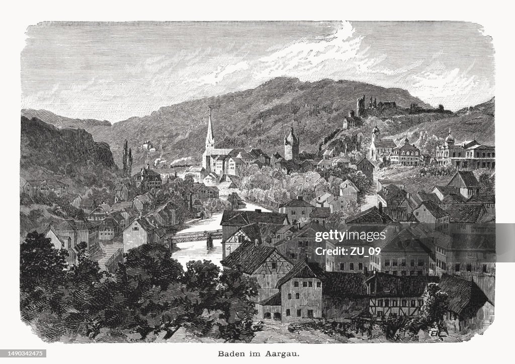 Historical view of Baden, Aargau, Switzerland, wood engraving, published in 1877