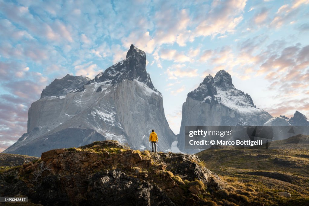 Hiker admiring the Cuernos del Paine range, Patagonia