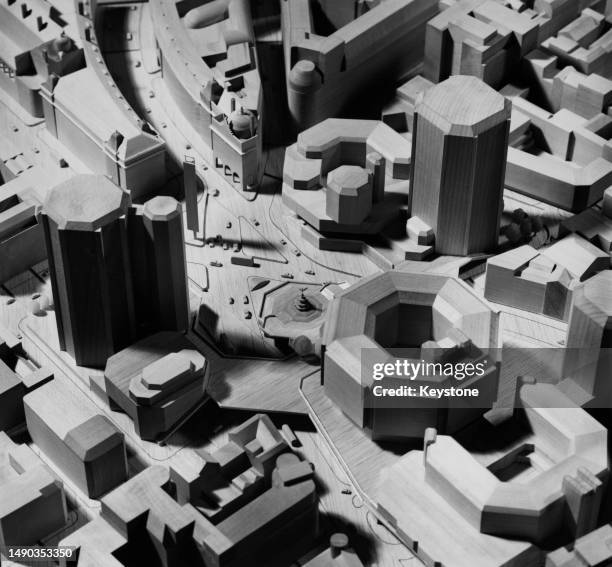 Close-up view of an architectural model of the proposed redevelopment of Piccadilly Circus in the West End of London, England, 19th April 1972. The...