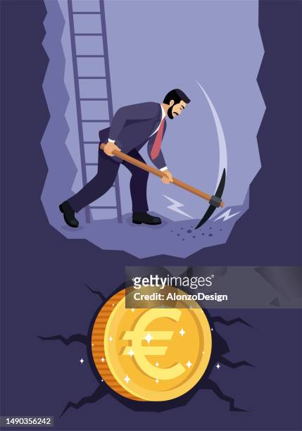 geschäftsmann, der gräbt, um eine goldene euro-münze zu finden. abbau von golden-euro-münzen. - mining from above stock-grafiken, -clipart, -cartoons und -symbole