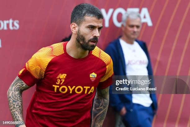 Roma player Leonardo Spinazzola during training session at Centro Sportivo Fulvio Bernardini on May 15, 2023 in Rome, Italy.