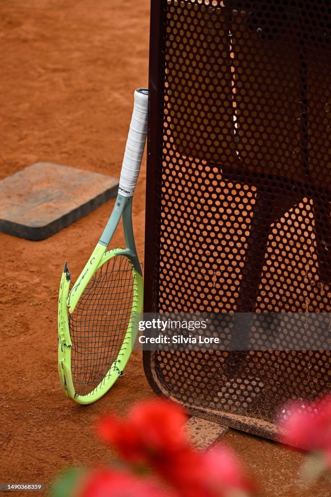 Fokina Racket A detail of the broken racket of Alejandro Davidovich Fokina of Spain ...