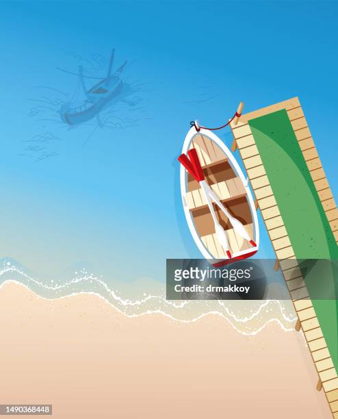 ilustraciones, imágenes clip art, dibujos animados e iconos de stock de kayak atado al muelle sobre el mar - naufragio