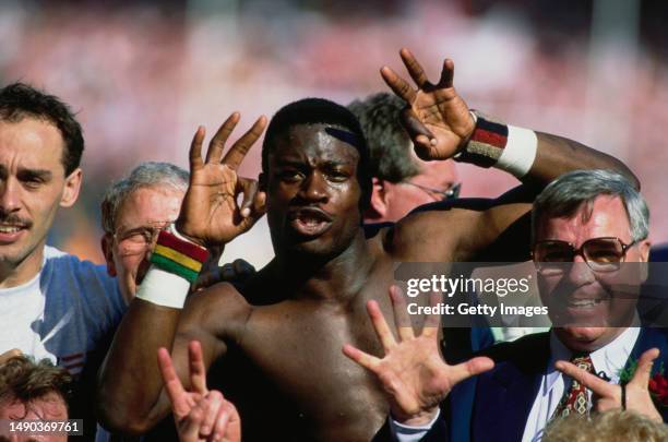 Wigan wing Martin Offiah celebrates after beating Leeds 26-16 to win the Silk Cut Challenge Cup final at Wembley Stadium, London, 30th April 1994 in...