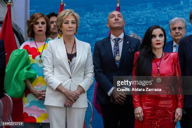 Agatha Ruiz de la Prada, Ana Rosa Quintana and Olvido Gara attend the Gold Medal Of The Community Madrid at Madrid City Hall on May 15, 2023 in...