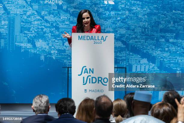 Olvido Gara speaks during the Gold Medal Of The Community Madrid at Madrid City Hall on May 15, 2023 in Madrid, Spain.