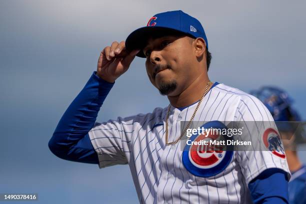 Jeremiah Estrada of the Chicago Cubs tips his hat in a game against the Los Angeles Dodgers at Wrigley Field on April 21, 2023 in Chicago, Illinois.