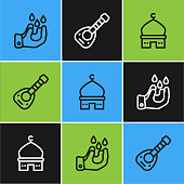 Set line Wudhu, Muslim Mosque and Lute icon. Vector