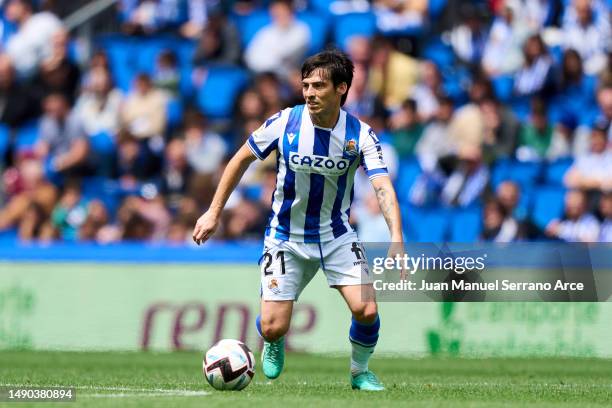 David Silva of Real Sociedad in action during the LaLiga Santander match between Real Sociedad and Girona FC at Reale Arena on May 13, 2023 in San...