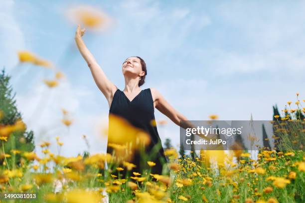 young woman enjoying the sun in a flower field - idyllic harmony stock pictures, royalty-free photos & images