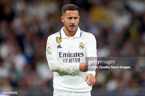 Eden Hazard of Real Madrid reacts during the LaLiga Santander match between Real Madrid CF and Getafe CF at Estadio Santiago Bernabeu on May 13, 2023...