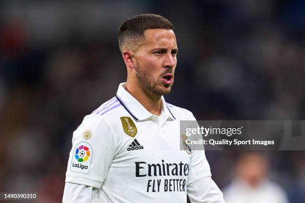 Eden Hazard of Real Madrid reacts during the LaLiga Santander match between Real Madrid CF and Getafe CF at Estadio Santiago Bernabeu on May 13, 2023...