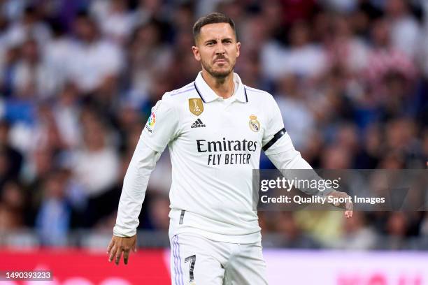 Eden Hazard of Real Madrid looks on during the LaLiga Santander match between Real Madrid CF and Getafe CF at Estadio Santiago Bernabeu on May 13,...