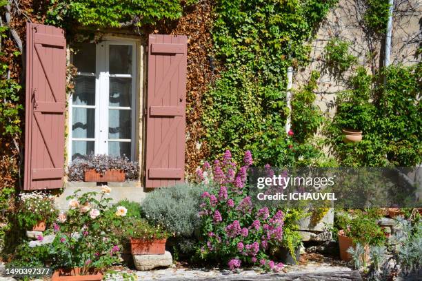 flowered house luberon provence france - window box stock pictures, royalty-free photos & images