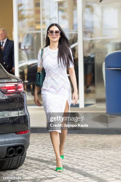 Esha Gupta is seen arriving at Hotel Martinez ahead of the 76th Cannes film festival on May 15, 2023 in Cannes, France.