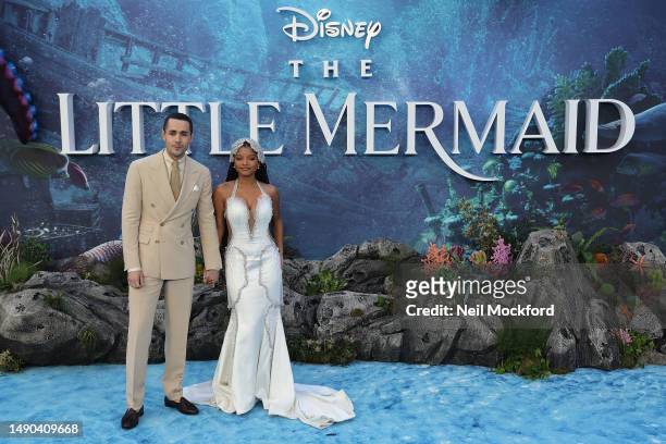 Halle Bailey and Jonah Hauer-King attend the UK Premiere of "The Little Mermaid" at Odeon Luxe Leicester Square on May 15, 2023 in London, England.