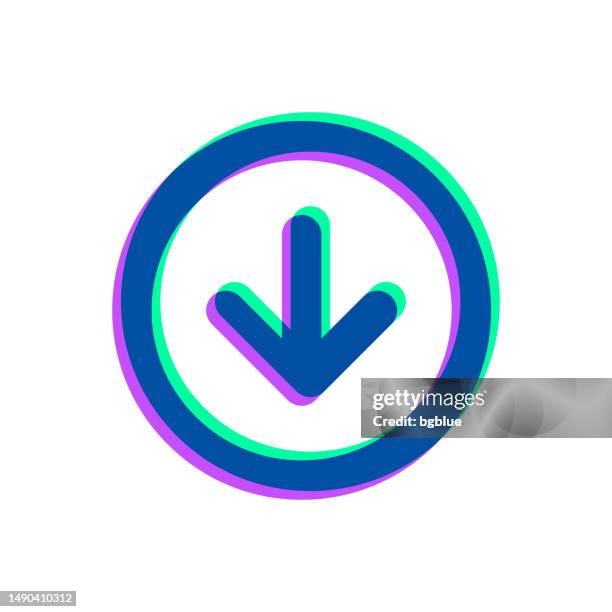 down arrow button. icon with two color overlay on white background - pointing down white background stock illustrations