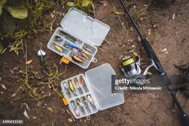 fishing gear - fishing tackle box stock pictures, royalty-free photos & images