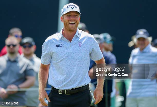Talor Gooch of the United States smiles on the 11th hole during a practice round prior to the 2023 PGA Championship at Oak Hill Country Club on May...