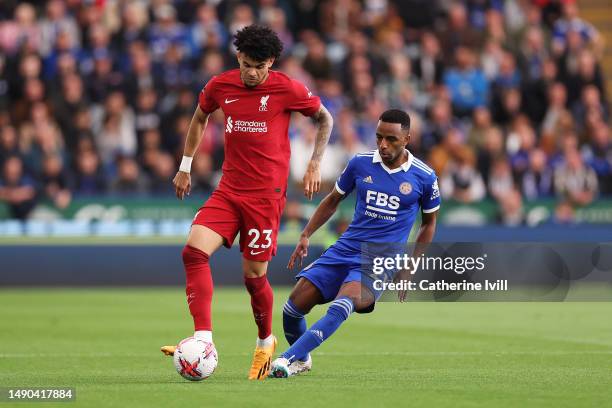 Luis Diaz of Liverpool and Ricardo Pereira of Leicester City battle for the ball during the Premier League match between Leicester City and Liverpool...