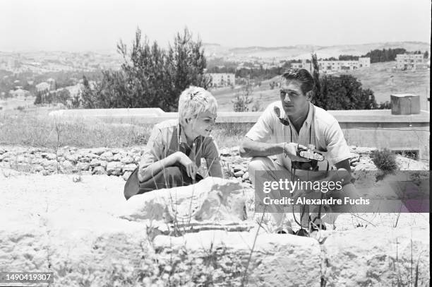 Actor Paul Newman and actress Joanne Woodward sightseeing in Israel, while Newman is on location filming the movie "Exodus" in 1959.