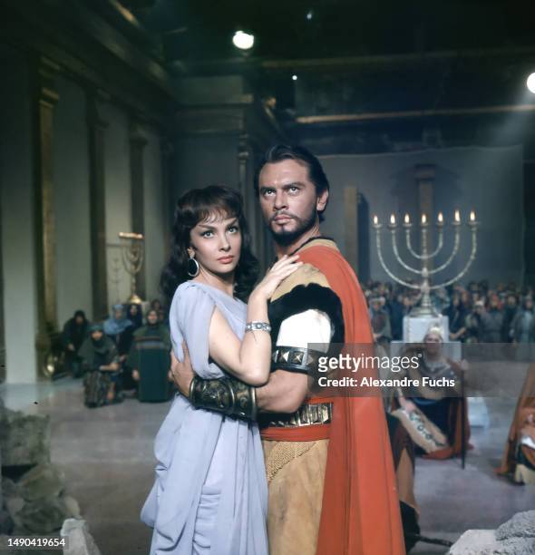Actor Yul Brynner and actress Gina Lollobrigida in a scene of the movie "Solomon and Sheba" in 1958, at Madrid, Spain.