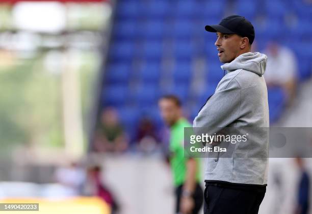 Head coach Seb Hines of the Orlando Pride looks on in the second half against the NJ/NY Gotham FC at Red Bull Arena on May 14, 2023 in Harrison, New...