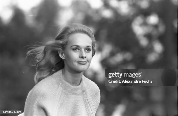 Actress Tippi Hedren riding a horse for a scene of the film 'Marnie' in 1963, at Middleburg, Virginia.