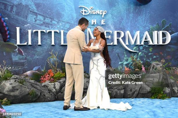 Jonah Hauer-King and Halle Bailey attend the UK Premiere of Disney's "The Little Mermaid" on May 15, 2023 in London, England.