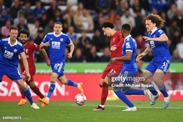 Curtis Jones of Liverpool scores the team's second goal during the Premier League match between Leicester City and Liverpool FC at The King Power...