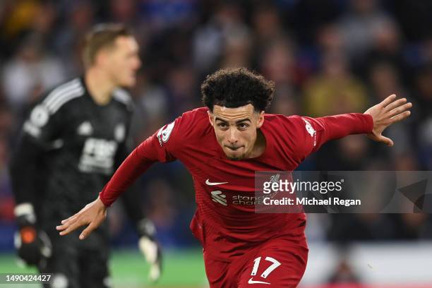 Curtis Jones of Liverpool celebrates after scoring the team's second goal during the Premier League match between Leicester City and Liverpool FC at...