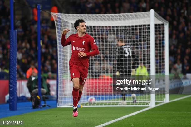 Curtis Jones of Liverpool celebrates after scoring the team's first goal during the Premier League match between Leicester City and Liverpool FC at...