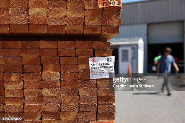 Stacks of lumber are displayed at Rafael Lumber on May 15, 2023 in San Rafael, California. A long-used lumber-futures contract will trade in markets...