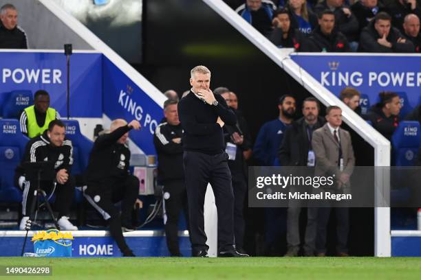 Dean Smith, Manager of Leicester City, reacts during the Premier League match between Leicester City and Liverpool FC at The King Power Stadium on...