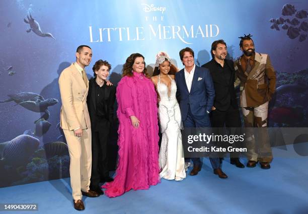 Jonah Hauer-King, Jacob Tremblay, Melissa McCarthy, Halle Bailey, Rob Marshall, Javier Bardem and Daveed Diggs attend the UK Premiere of Disney's...