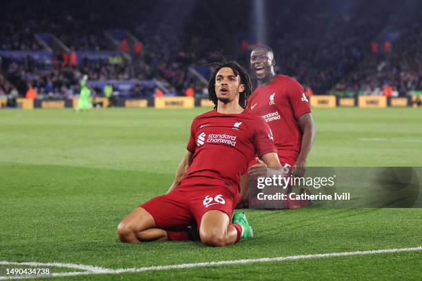 Trent Alexander-Arnold of Liverpool celebrates after scoring the team's third goal during the Premier League match between Leicester City and...