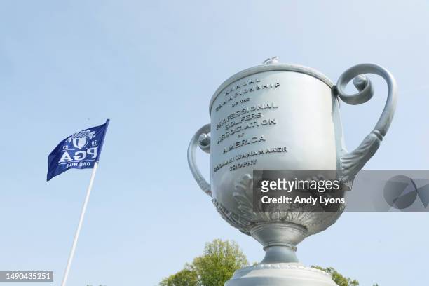 The Wanamaker Trophy is seen during a practice round prior to the 2023 PGA Championship at Oak Hill Country Club on May 15, 2023 in Rochester, New...