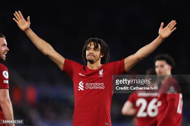 Trent Alexander-Arnold of Liverpool celebrates after scoring the team's third goal during the Premier League match between Leicester City and...