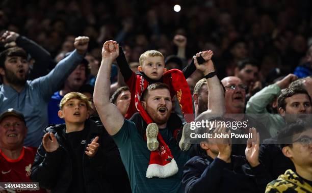 Liverpool fans during the Premier League match between Leicester City and Liverpool FC at The King Power Stadium on May 15, 2023 in Leicester,...