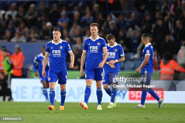 Jamie Vardy of Leicester looks dejected with Jonny Evans after the third Liverpool goal during the Premier League match between Leicester City and...